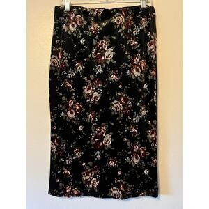 Bobeau Velvet Midi Skirt Women Large Black Stretchy Floral Back Slit Whimsigoth